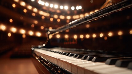 Grand piano with open lid and soft focus black and white keys under warm stage lighting in an elegant concert hall, capturing classical music ambiance and performance atmosphere.

