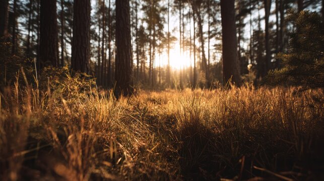 A wide-angle shot of a sunlit forest clearing at golden hour, with soft grass and warm highlights, perfect for lifestyle or product placement backgrounds