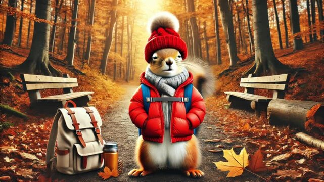 Realistic squirrel dressed for hiking on an autumn trail with colorful foliage around

