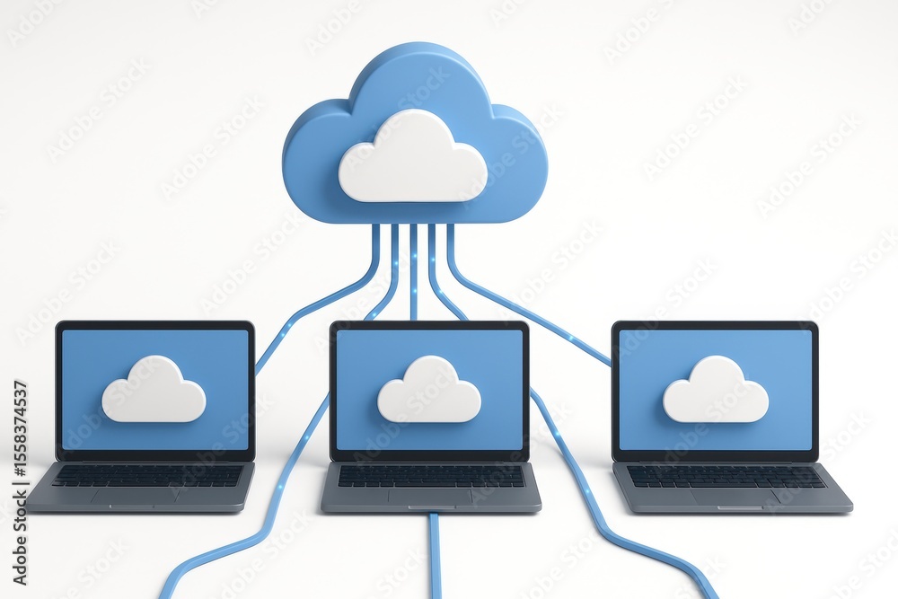 Aufkleber Cloud Computing Connectivity: Illustrative image showcasing interconnected laptops linked to a stylized cloud, representing data sharing and the power of cloud computing in the digital age.