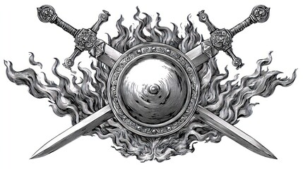 Two crossed swords over a shield, surrounded by flames