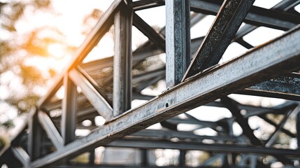 Fototapeta premium Close-up architectural detail of industrial steel frame structure under construction with natural lighting, showcasing modern engineering, metal beams, and structural geometry in progress