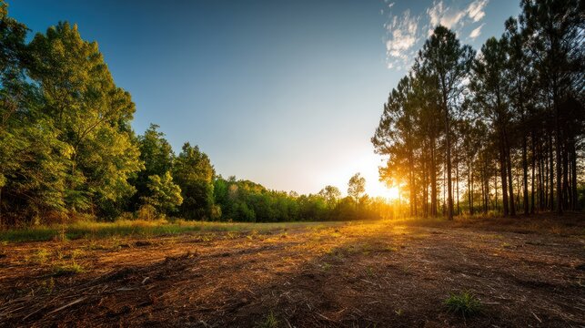 A wide-angle view of a forest clearing at golden hour, digitally masked with a clean white background or empty area in the center for product placement or advertising mockups