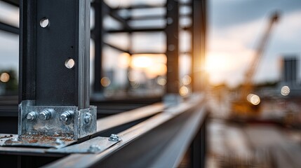 Close-up architectural detail of industrial steel frame structure under construction with natural lighting, showcasing modern engineering, metal beams, and structural geometry in progress

