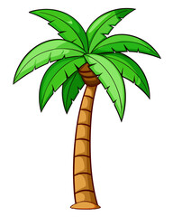 Cartoon palm tree with green leaves and brown trunk on white background