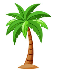 Cartoon palm tree with green leaves and brown trunk on a sandy base