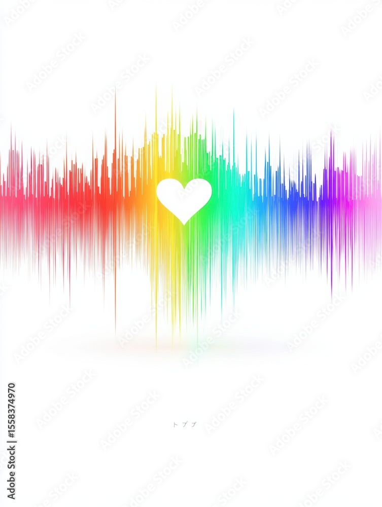 Poster heartbeat line in vibrant rainbow gradient transitions to a soft heart symbolizing love and joy