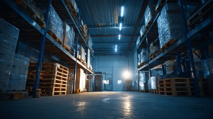 Fototapeta premium Industrial warehouse interior featuring stacked pallets and metal shelving units under cool-toned lighting, captured with a clean and symmetrical composition that emphasizes spatial depth and modern l