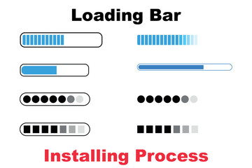 Various loading bar icons representing progress, installation process, file downloading, system update, and progress stages in black and blue icon