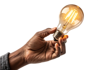 A close-up photorealistic shot of a slightly tanned hand holding a glowing amber incandescent light bulb against isolated on white and transparent background