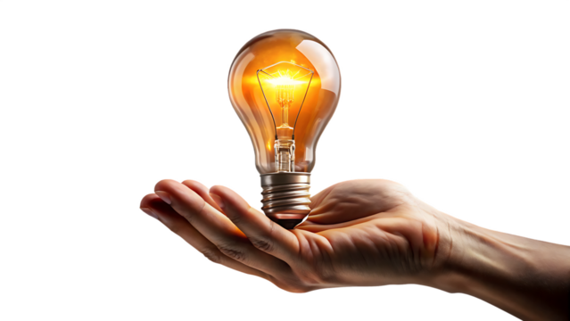 A close-up photorealistic shot of a slightly tanned hand holding a glowing amber incandescent light bulb against isolated on white and transparent background - Powered by Adobe