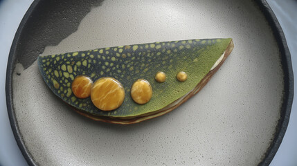 Crepe de té matcha con gotas de salsa cítrica sobre plato cerámico artesanal, Postre japonés de matcha en vista superior con decoración de esferas doradas