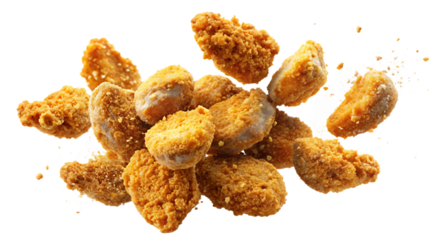 A cluster of crispy golden-brown breaded fish nuggets exploding mid-air against a stark isolated on white and transparent background