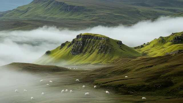 Serene Highland Landscape with Sheep in Misty Valleys