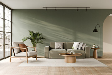 Modern Living Room with Green Accent Wall and Sofa, 3d render.