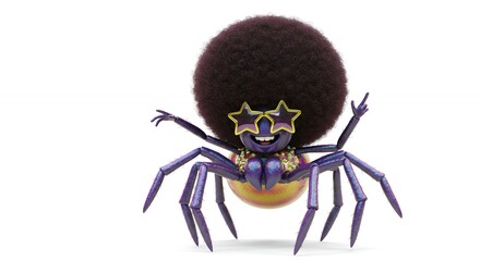 Cartoon spider character with afro and sunglasses