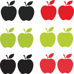 Pattern of twelve stylized apples in red green and black on a white background