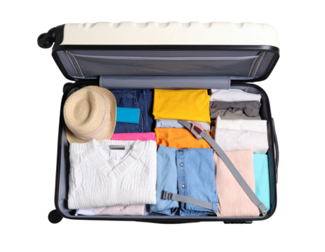  Open large polycarbonate suitcase showing packed clothes on white surface