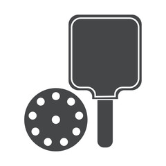 Ping pong paddle and ball icon design, simple black and white symbols representing sport, table tennis equipment, active play icon