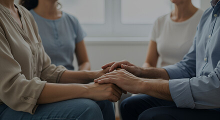 Obraz premium Group of people holding hands in a circle. Focus on empathy