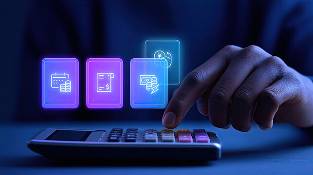 Hand interacts with calculator, surrounded by digital finance icons, symbolizing modern financial technology and innovation