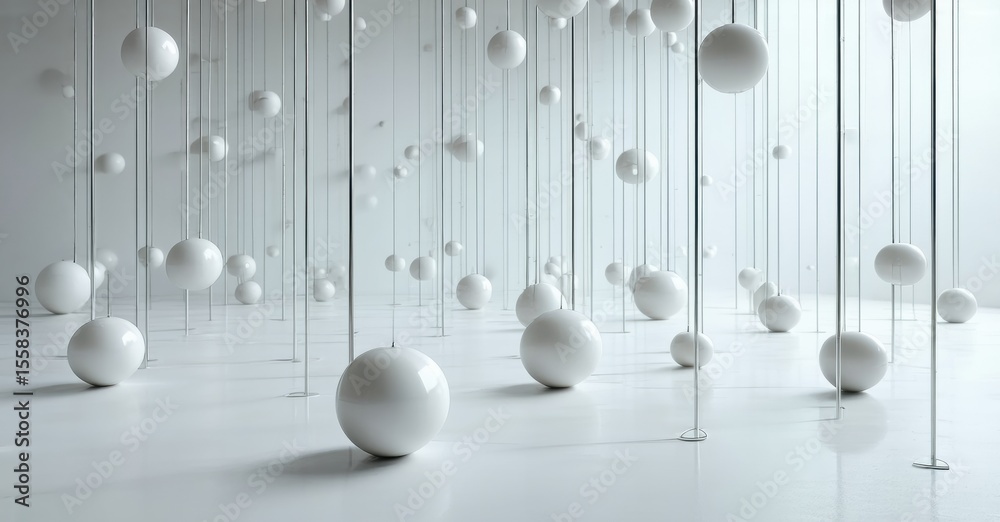 Poster minimalist installation. white spheres suspended, creating depth. clean lines, bright space, modern 