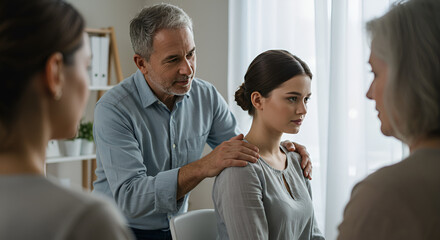 Group therapy session. A mature man comforts a young woman while others observe