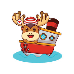 Cute moose mascot cartoon character illustration on the ship