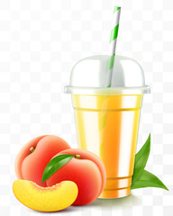 Clear plastic cup with peach juice or smoothie. Fruit cocktail. Cup with sphere dome cap for milkshake, lemonade, cold or hot drink. Mug of fruity organic shake. Realistic 3d vector template