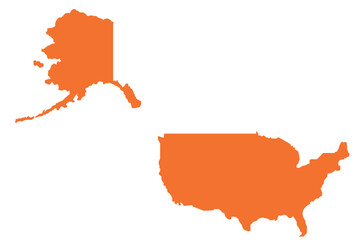 Orange silhouette of the USA map with Alaska separated, illustrating the geographic location and borders of the United States icon