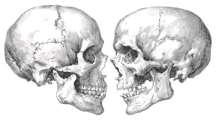 Anatomical drawing of two skulls facing each other