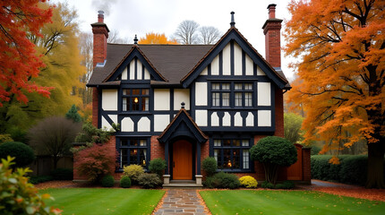 Fototapeta premium Classic Tudor style house with black timbering, nestled in a vibrant autumn landscape