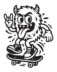 Energetic cartoon monster skateboarding with a rock hand gesture, fun and wild character in bold vector ink style.