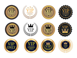 Various VIP member badges set with crown, stars, and text VIP for elite status and premium access, luxury membership icon