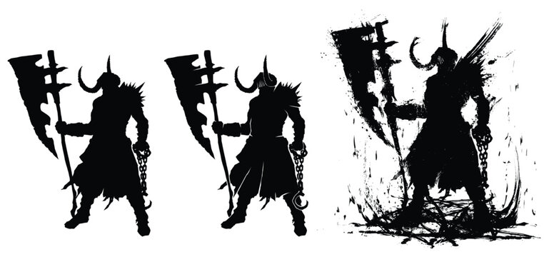 A sinister warrior with a huge axe. He is a berserk demon surrounded by an ominous aura of blots, in his other hand he holds a chain with a hook, on his head is a horned helmet. 2d expert art sketch