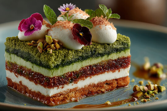Tarta de pistacho y matcha por capas con crema de mascarpone y flores comestibles, Postre elegante de pistacho con capas verdes mermelada roja y topping de nata y menta en plato cer&aacute;mico