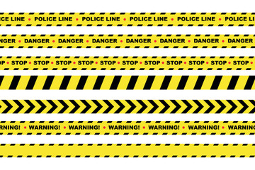 Crossed police lines with stop and danger signs, warning tape for restricted areas, security zone icon