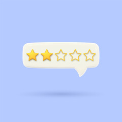 3D speech bubble with two gold rating stars. Visualizing poor service quality assessment. Customer feedback. Volumetric chat messages. Render of voting, rating or survey on the product