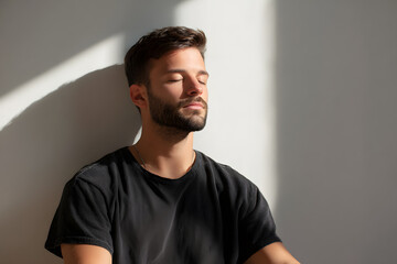Close-up portrait of a calm young man with eyes closed, standing in soft sunlight. Peaceful moment, mindfulness, or meditative state.