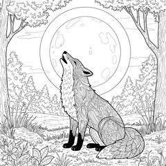 A patterned wolf howls at the full moon in a forest, surrounded by decorative trees, bushes, and flowers.