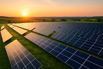 Solar farm generating solar energy. Solar panels park generating green energy electric at sunset. Green energy reduce carbon emissions and makes earth cleaner and more ecological.