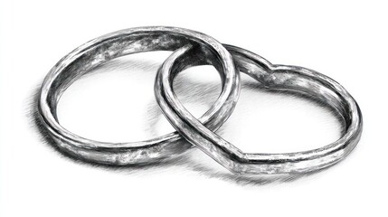 Two wedding rings intertwined, forming a heart shape, rendered in a realistic pencil sketch style
