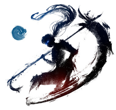 A black silhouette with a graceful ninja girl with a huge scythe squats. She's an oriental fighter with long hair. It is printed in the style of ink with blotches and blotches. 2d sketch art.