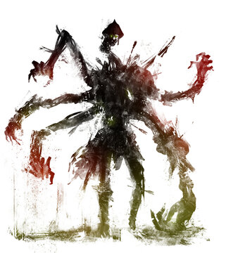 A nasty mutant zombie with lots of arms. He is a former soldier disfigured by magic, wounded by many arrows and spears, and continues to advance into battle without feeling pain. 2d blob art silhouett