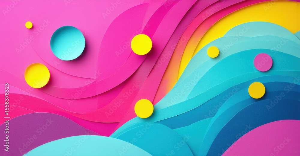 Aufkleber Abstract paper waves, vibrant colors, playful design. Circles float within flowing shapes, creating dynamic composition.
