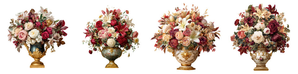 Fototapeta premium Floral Arrangements in Vases: Baroque Style Bouquets on White