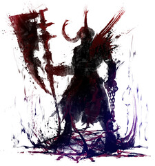 A sinister warrior with a huge axe. He is a berserk demon surrounded by an ominous aura of blots, in his other hand he holds a chain with a hook, on his head is a horned helmet. 2d expert art sketch