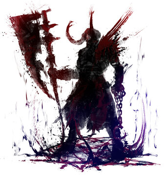A sinister warrior with a huge axe. He is a berserk demon surrounded by an ominous aura of blots, in his other hand he holds a chain with a hook, on his head is a horned helmet. 2d expert art sketch