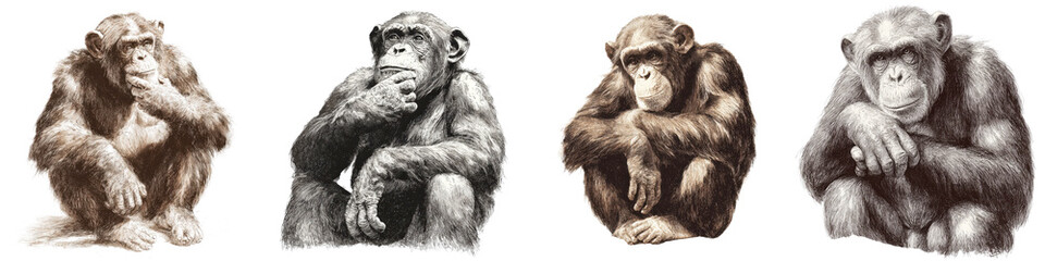 Fototapeta premium Chimpanzee Illustration Collection: Vintage Monkey Drawings on White