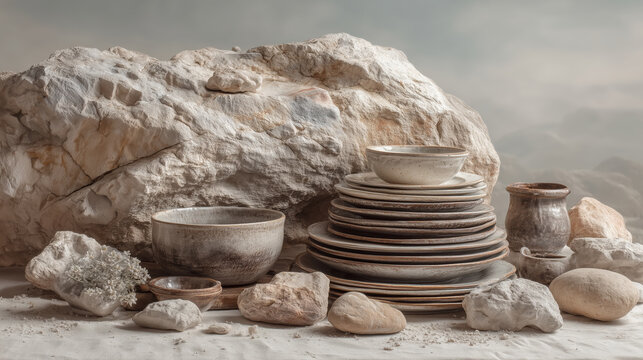 Vajilla de cer&aacute;mica artesanal apilada sobre rocas, naturaleza muerta en tonos neutros estilo wabi-sabi, Cer&aacute;mica escandinava/boho en capas con p&aacute;tina natural, composici&oacute;n still life para cocina 